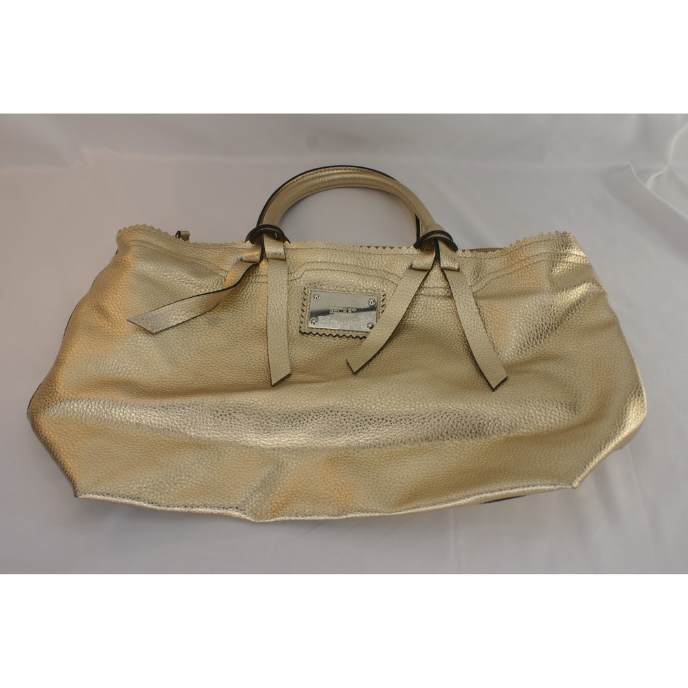Victoria's Secret Gold Metallic Pebbled Tote Bag Handbag Zip Top Logo Nameplate